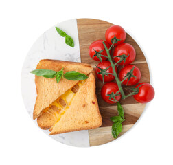 Pieces of toasted bread with melted cheese, tomatoes and basil isolated on white, top view