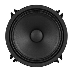 Black Round Car Coaxial Audio Speaker With Mounting Tabs. Subwoofer speaker. Front view. Isolate on...