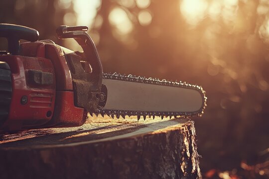 Chainsaw Resting on Tree Stump at Sunset