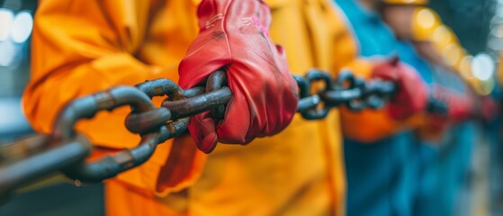 Obraz premium closeup of workers hands holding a heavy metal chain - teamwork, construction, industry, safety, strength.