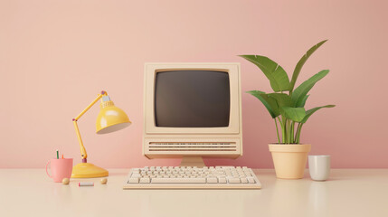 Retro Computer Setup with Plant