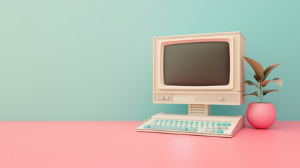 Retro Computer with Plant on Pastel Background