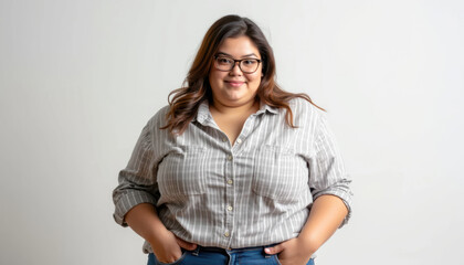 Portrait of a Smiling Woman in a Striped Shirt and Jeans with Hands in Pockets