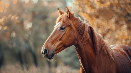 Fototapeta premium Closeup brown horse stands in a meadow farm
