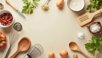 Food and Cooking Ingredients on Beige Background - Flat Lay Minimalist Food Photography for Recipe or Culinary Blog