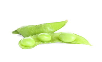 Raw green edamame pods with soybeans isolated on white