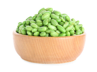 Raw green edamame soybeans in bowl isolated on white