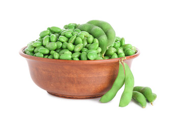 Raw green edamame soybeans and pods isolated on white