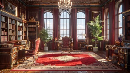 Obraz premium Elegant vintage library with luxurious wooden furniture, grand chandelier, and large windows overlooking an urban landscape.