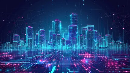 Fototapeta premium Futuristic cyberpunk cityscape with buildings and a skyline in the background