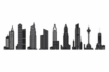 Flat black skyscrapers and building silhouettes icon logo, architecture line icons illustration on a white background