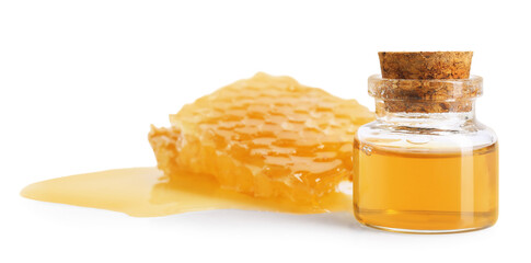 Natural honey tincture in bottle and sweet honeycomb isolated on white