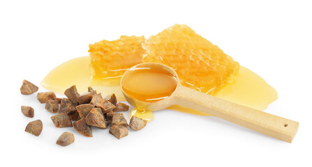 Sweet honeycombs and propolis granules isolated on white