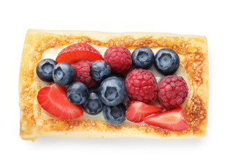 Tasty puff pastry with berries isolated on white, top view
