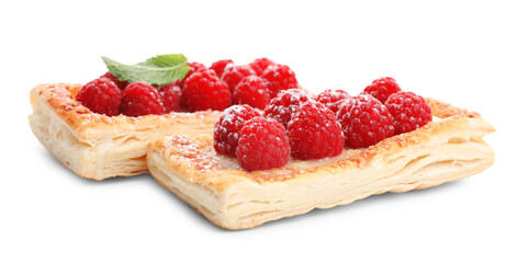 Tasty puff pastries with raspberries and mint isolated on white