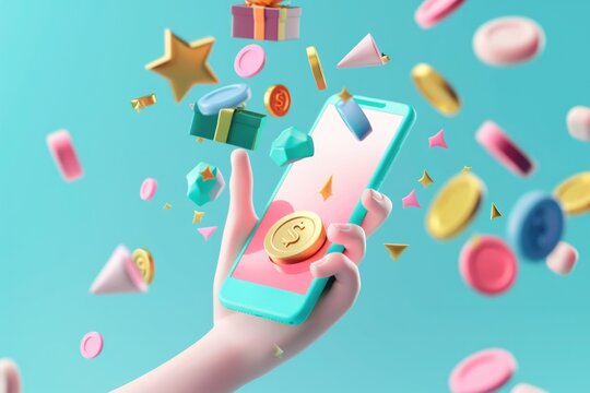 3D Cartoon Hand Interacting with Mobile Screen Amidst Falling Coins and Gifts for Digital Transactions and Online Shopping Concepts