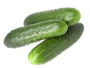Three fresh green cucumbers isolated on white, above view