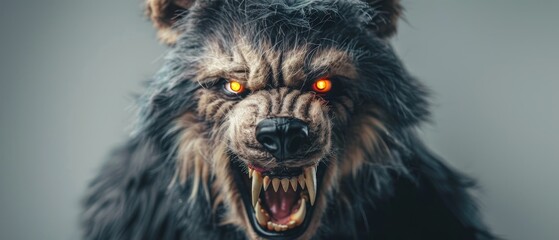 Naklejka premium ferocious werewolf with glowing eyes and bared teeth - a portrait of primal fury and danger