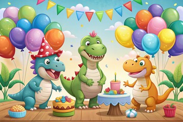 Cute dinosaur-themed birthday party with balloons and a cake.