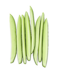 Fresh cut cucumber isolated on white, top view