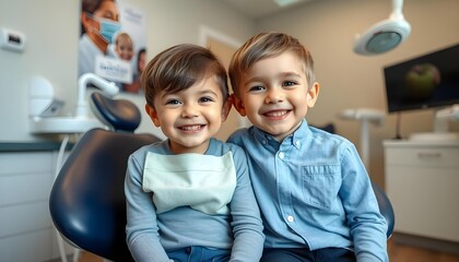 Fototapeta premium Two child friends smiling in dental clinic for advertising photography