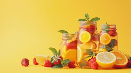 Fototapeta premium Fresh summer fruits water or lemonade with lemon, orange and mint on yellow background. Close up.