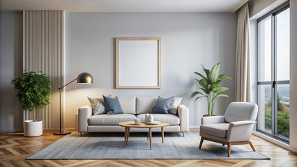 Fototapeta premium Empty white wall in modern living room with blank framed poster on wall, waiting for design or artwork, 3D rendering, home decoration concept.