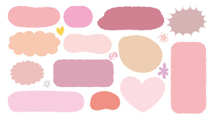 Set of hand drawn style cute memo sticker. Variety abstract shapes of pink speech bubble. Girl style frame with crayon draw. Chat box balloon cloud. Sweet retro label tag collection vector for text  