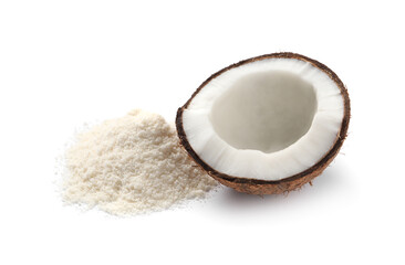 Fresh coconut flour and nut isolated on white