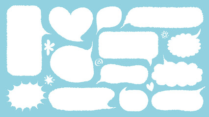 Set of hand drawn style cute memo sticker with blue background. Variety abstract shapes of white speech bubble. Crayon draw style frame . Chat box balloon cloud.Retro blank label tag vector for text