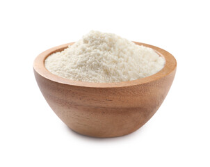 Fresh coconut flour in bowl isolated on white