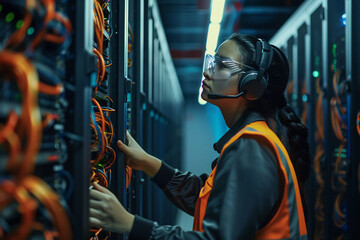 Female technician in a data center, inspecting servers, wearing protective eyewear and a headset, ensuring operational efficiency