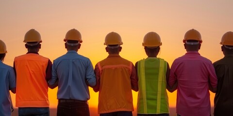 construction workers in hard hats silhouettes standing in a line at sunset - teamwork, safety, and success concept