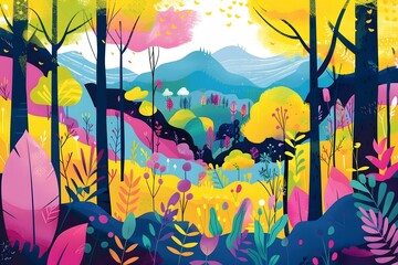 Colorful forest landscape vector.
