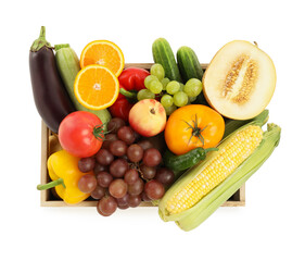 Different fresh fruits and vegetables in crate isolated on white, top view
