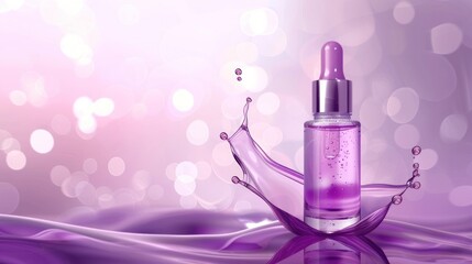 A bottle of perfume is floating in a splash of water in purple toned background