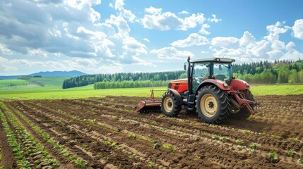 Obraz premium A red tractor is in a field with a beautiful sunset in the background