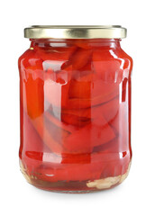 Tasty pickled bell peppers in jar isolated on white