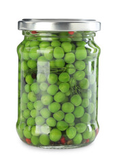 Tasty pickled peas in jar isolated on white