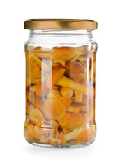 Tasty pickled mushrooms in jar isolated on white