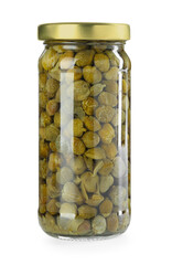 Tasty pickled capers in jar isolated on white