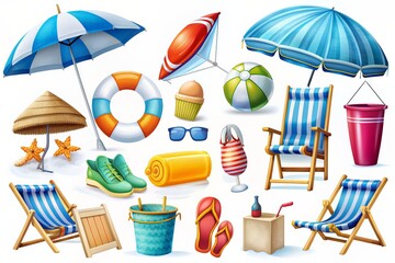 Summer beach items including umbrellas, chairs, and accessories.