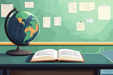 Classroom Desk with Open Book and Globe