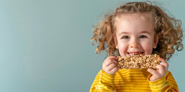 happy little girl enjoying a delicious cereal bar snack with a big smile and curly blonde hair against a blue background.