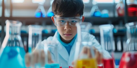 young boy scientist in lab coat conducting experiment with beaker and flask, focused and serious expression, chemistry education concept.