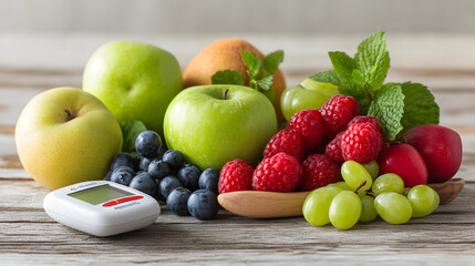 Diverse Selection of Low-Glycemic Index Fruits with Glucometer on Wooden Surface
