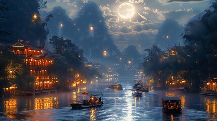 Obraz premium A peaceful river scene with decorated boats. Night view