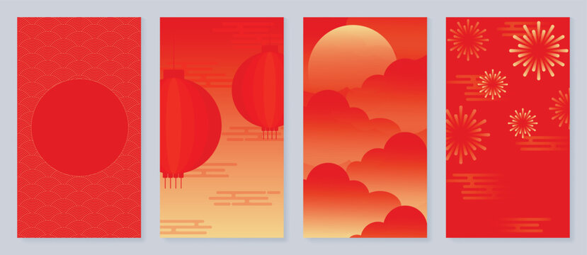 Chinese New Year poster background vector set. Luxury card design with lantern, firework, cloud, chinese pattern. Elegant oriental illustration for cover, banner, website, calendar, envelope.