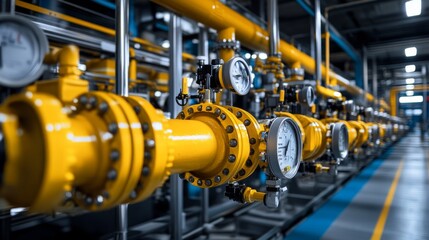 Yellow pipes and valves in gas plant. Gas plant concept with control system