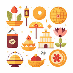 A depiction of religious icons in a flat design against a white backdrop. A collection of religious icons designed in a minimalist flat style against a plain white background